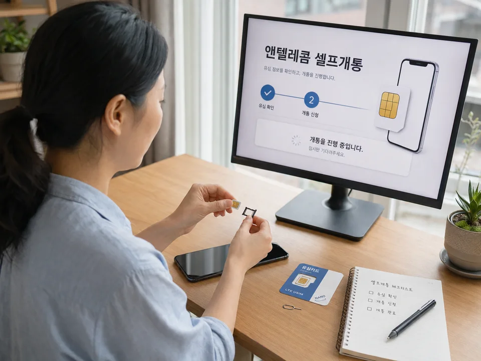 앤텔레콤 셀프개통 화면 앞에서 스마트폰 유심 장착을 준비하는 온라인 운영 예시